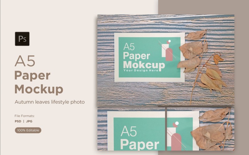 A5 paper Greeting card mockups with Dry leaves and autumn themes Product Mockup