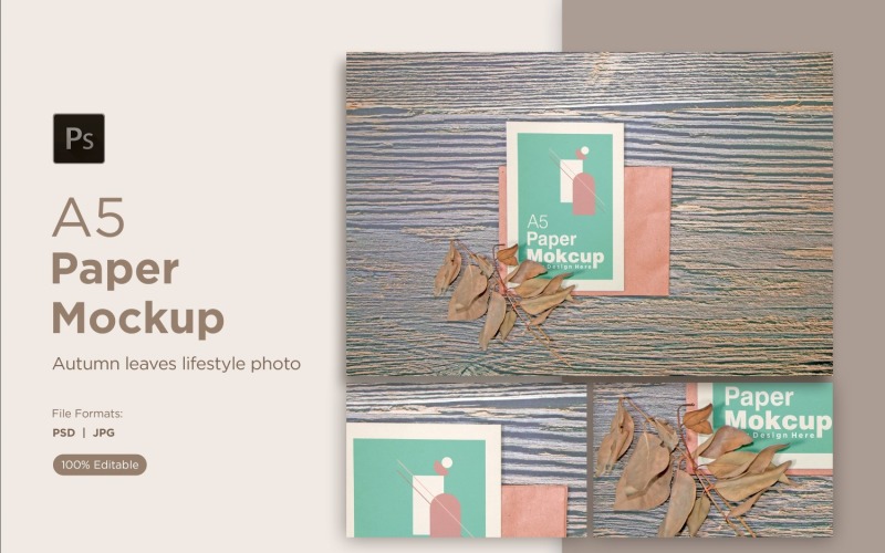 A5 paper Greeting card mockups with Dry leaves on wooden background Product Mockup