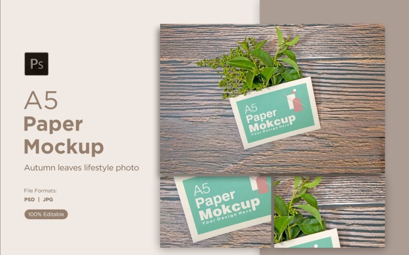 A5 paper greeting card mockups with green leaves on wood background Product Mockup