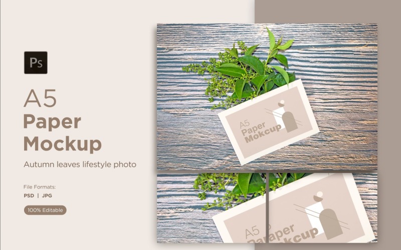 A5 paper Greeting card mockups with green leaves on wooden background Product Mockup