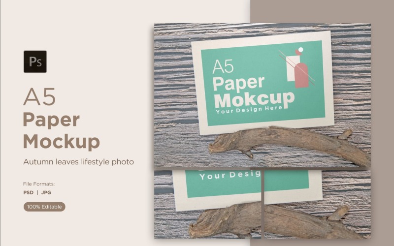 A5 Paper Mockups with autumn themes on wooden background Product Mockup