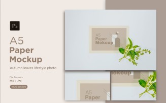 A5 Paper Mockups With Green Leaves and White Background