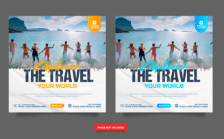Travel agency social media post template. Web banner business offer promotion