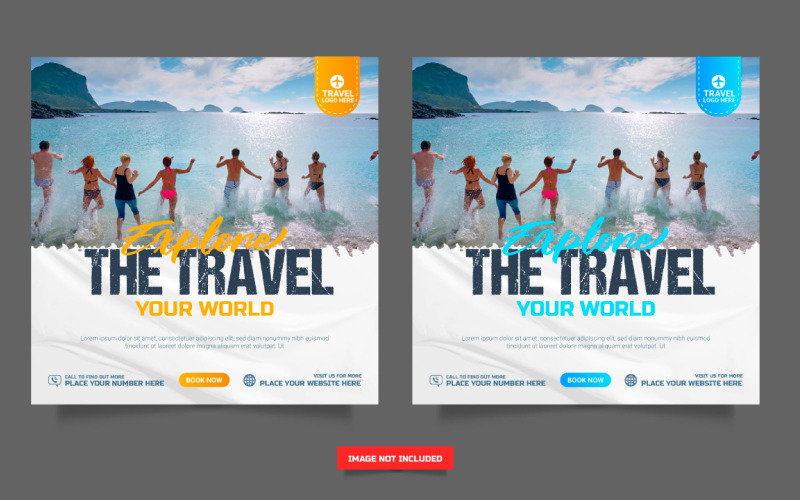 Travel agency social media post template. Web banner business offer promotion Illustration