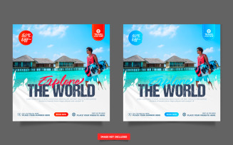Travel agency social media post template. Web banner, flyer business offer promotion