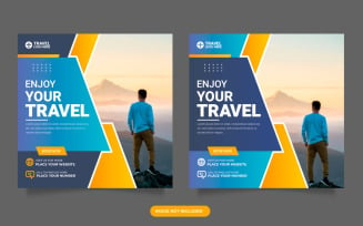 Travel agency social media post template. Web banner, travelling agency business offer promotion