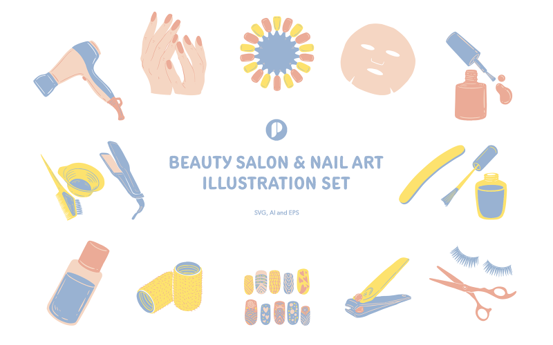 Hand drawn beauty salon & nail art illustration set Illustration