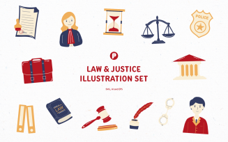 Simply cute hand drawn law and justice illustration set