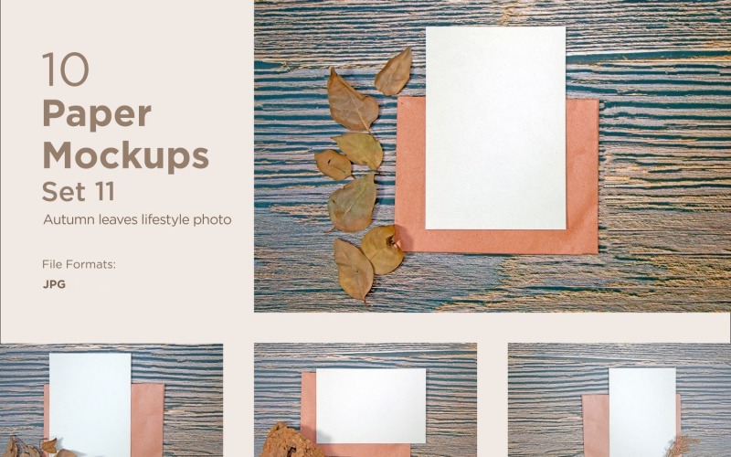 A5 Paper Greeting Card Mockup 10 Images Set With Autumn Theme And Dry Leaves Set 11 Product Mockup