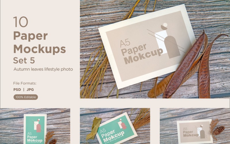 A5 Paper Greeting card mockup 10 PSD File With Autumn Theme Set 5 Product Mockup