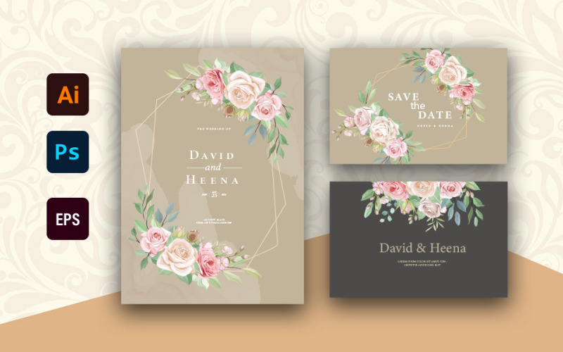 David & Heena - Elegant floral wedding invitation card set Illustration