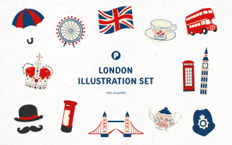 Royal blue red iconic london illustration set