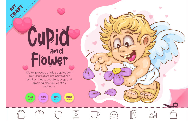 Cartoon Cupid and Flower. Clipart Vector Graphic