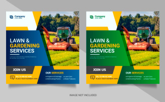 Agriculture service social media post banner or lawn mower gardening landscaping banner concept