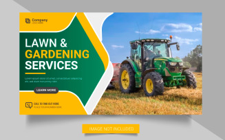 Agriculture service web banner or lawn mower gardening social media post banner design