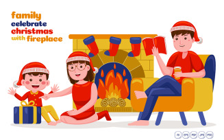 Family Celebrate Christmas with Fireplace Vector Illustration