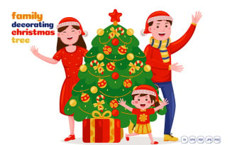 Family Decorating Christmas Tree Vector Illustration