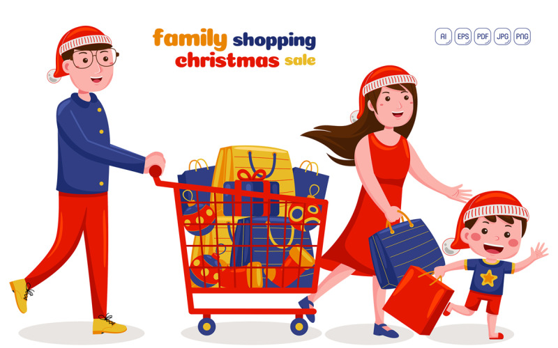 Family Shopping Christmas Sale Vector Illustration Vector Graphic
