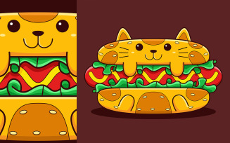 Cute Hot Dog Cat Vector Cartoon Style
