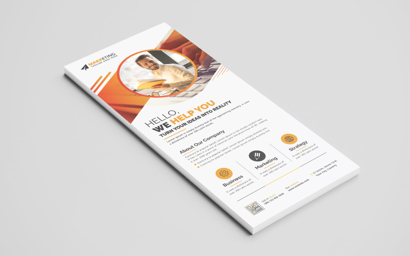 Orange and Blue Corporate DL Flyer, Rack Card Design Template Layout with Creative Shapes and Idea Corporate Identity