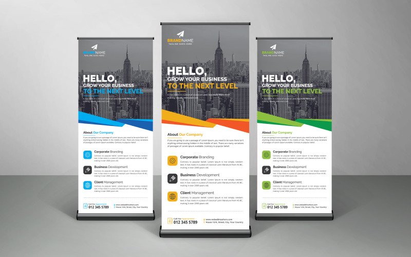 Blue, Yellow and Green Corporate Roll Up Banner, X Banner, Standee Template Design Layout Corporate Identity