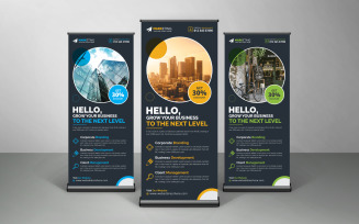 Blue, Yellow, Green Color Corporate Roll Up Banner, X Banner, Standee Design with Black Background