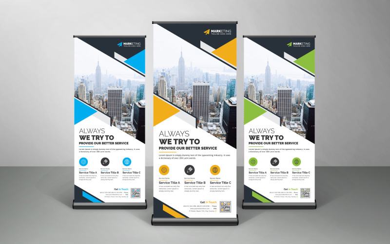 Blue, Yellow, Green Corporate Roll Up Banner, X Banner, Standee Template Design with Abstract Shapes Corporate Identity