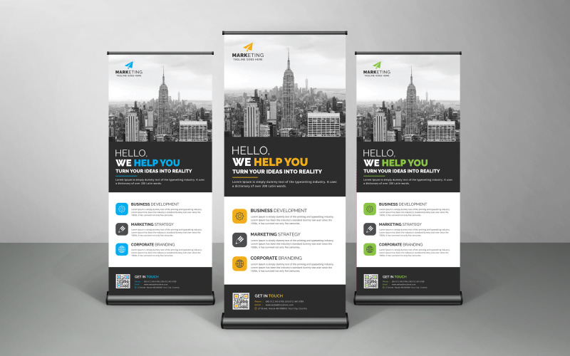 Blue, Yellow, Green Minimalist Simple Corporate Roll Up Banner, X Banner, Standee Template Design Corporate Identity