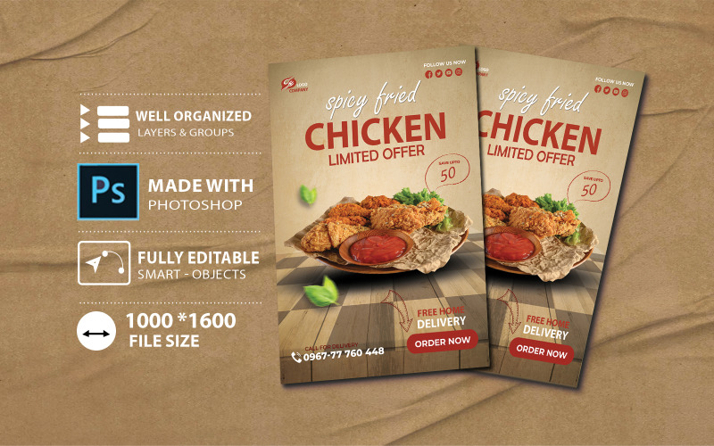 Roasted Spicy Fried Chicken Restaurant Menu Flyer Corporate Identity