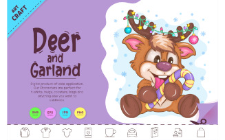 Cartoon Deer with Garland. Clipart.