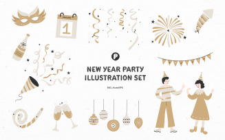 Golden wood new year party illustration set