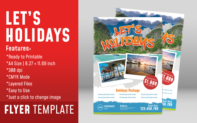 Lets Holidays Flyer Template Design for Holiday and Travel Business Corporate Identity