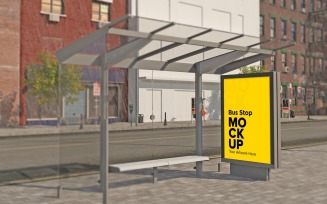 City Bus Stop with Sign mockup Template