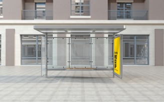 Front View City Bus Shelter Outdoor Advertising Sign mockup Template