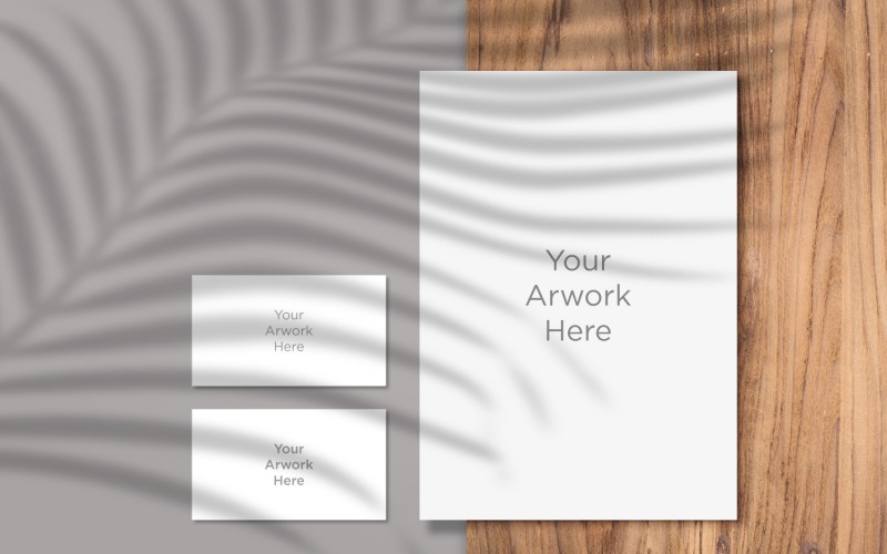 Letterhead And Two Postcard paper's Mockup With Leaf Shadow Product Mockup