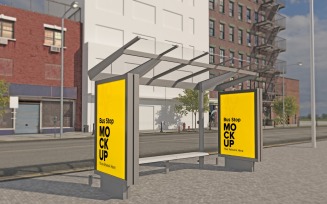 Road Bus Stop with Two Signage mockup Template