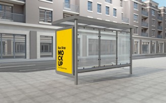 Side View City Bus Shelter Outdoor Advertising Sign mockup Template