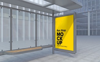 Evening View Bus Stop Sign mockup Template In Side View