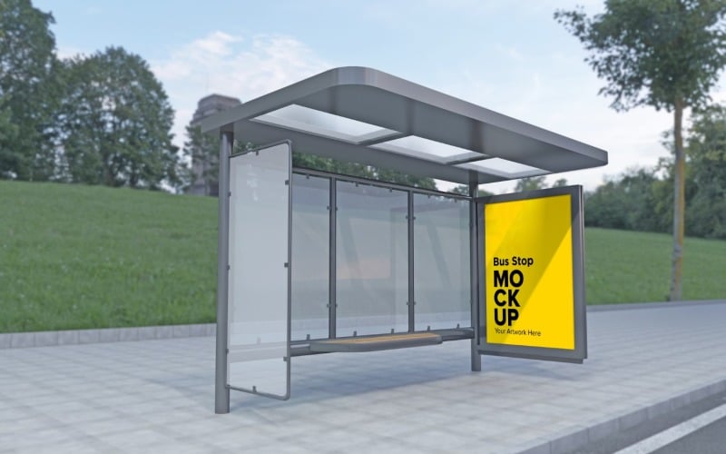 Side Look Evening View Bus Stop Sign mockup Template Product Mockup