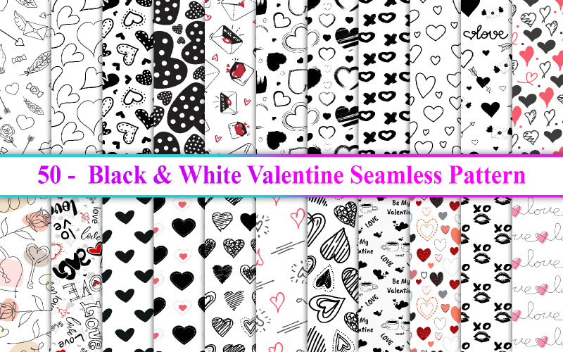 Monochrome Valentine Seamless Pattern, Black and White Valentines day Seamless Pattern
