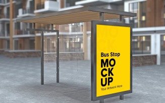 Afternoon View Bus Stop With Advertising Billboard Mockup