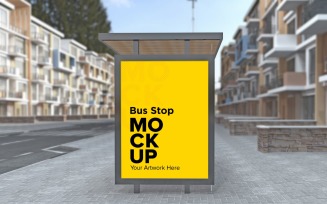 Afternoon View Bus Stop With Advertising Billboard Mockup.