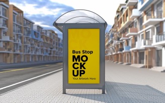 Afternoon View Bus Stop With Advertising Billboard Mockup..