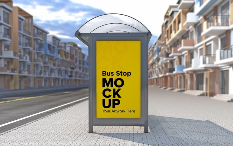 Afternoon View Bus Stop With Advertising Billboard Mockup.. Product Mockup