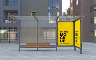 Afternoon View Road Bus Stop Shelter With 2 Sign Mockup