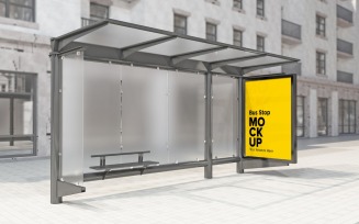 Blurred Glass Bus Shelter With Signage Mockup