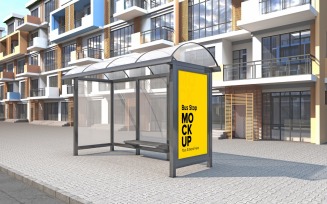Classical View Bus Stop With Advertising Billboard Mockup .