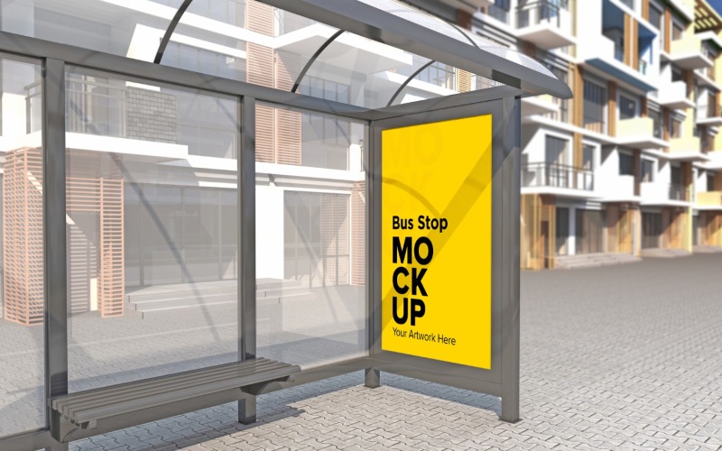 Classical View Bus Stop With Advertising Billboard Mockup. Product Mockup