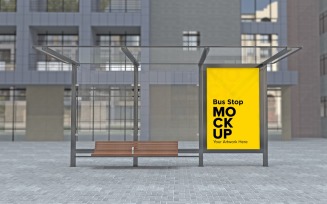Evening View Of Town Bus Shelter With Advertising Billboard Mockup