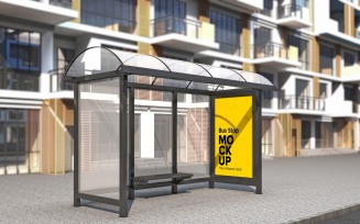Mid Day View Bus Stop With Advertising Billboard Mockup